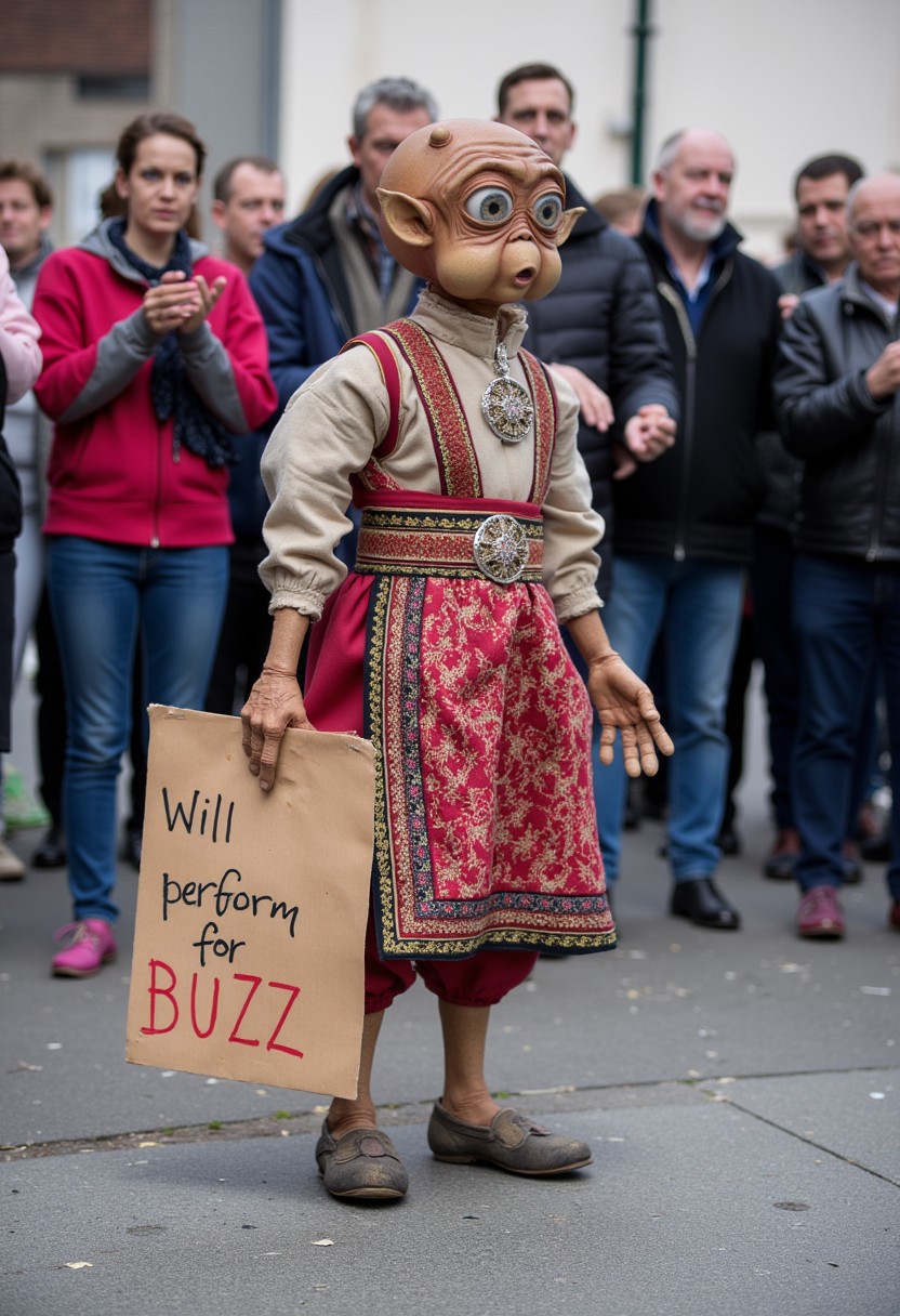 A street performance on Damstredet in Oslo, Norway. Mac the alien in a Bunad, performing the traditional norwegian ritual of bathing in lapskaus, a highly controversial practice that involves dressing up in a Norwegian traditional dress. A riled up crowd of old norwegian fishermen cheering aggressively. A cardboard sign says ”Will perform for BUZZ”