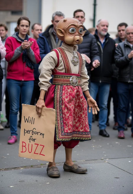 A street performance on Damstredet in Oslo, Norway. Mac the alien in a Bunad, performing the traditional norwegian ritual of bathing in lapskaus, a highly controversial practice that involves dressing up in a Norwegian traditional dress. A riled up crowd of old norwegian fishermen cheering aggressively. A cardboard sign says ”Will perform for BUZZ”