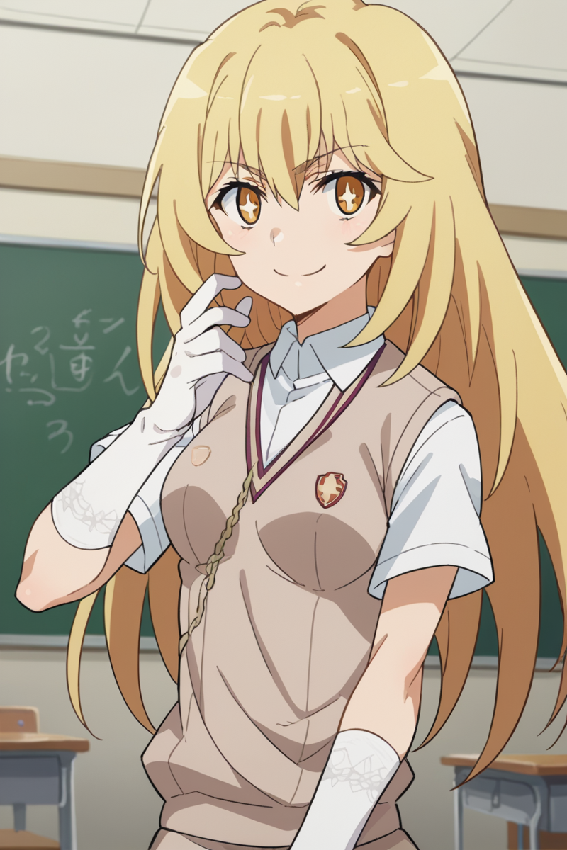 score_9, score_8_up, score_7_up, source_anime,
misakishokuhou, <lora:misaki-shokuhou-s3-ponyxl-lora-nochekaiser:1>,
misaki shokuhou, blonde hair, hair between eyes, long hair, symbol-shaped pupils, yellow eyes, smile,
elbow gloves, gloves, school uniform, short sleeves, summer uniform, sweater vest, tokiwadai school uniform, white gloves, light brown sweater vest,
indoors, classroom,
looking at viewer, cowboy shot, dutch angle, dynamic pose,