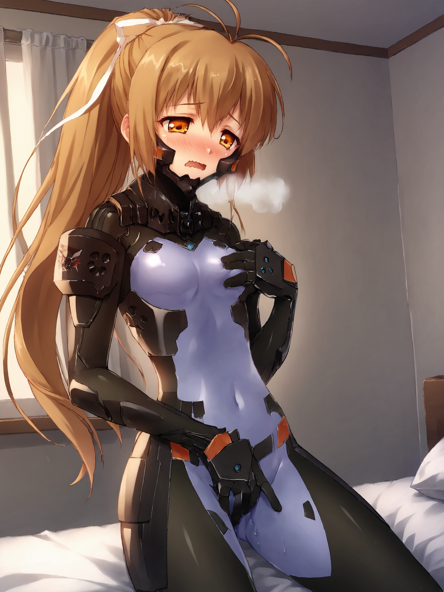 score_9, score_8_up, score_7_up, zPDXL, zPDXLpg, <lora:offset_0.2:0.1>, <lora:spo_sdxl_10ep_4k-data_lora_webui:1>,
1girl, solo,
schwarzesmarkenfortifiedsuit, pilot suit, impossible bodysuit, <lora:East_German_Fortified_Suit:1>,
katia waldheim, brown hair, hair between eyes, sidelocks, high ponytail, hair bow, hair ribbon, white ribbon, antenna hair, very long hair, brown eyes, small breasts,
from side, female masturbation, on bed, grabbing own breast, fingering,
half-closed eyes, looking down, full-face blush, open mouth, wavy mouth, heavy breathing,
indoors