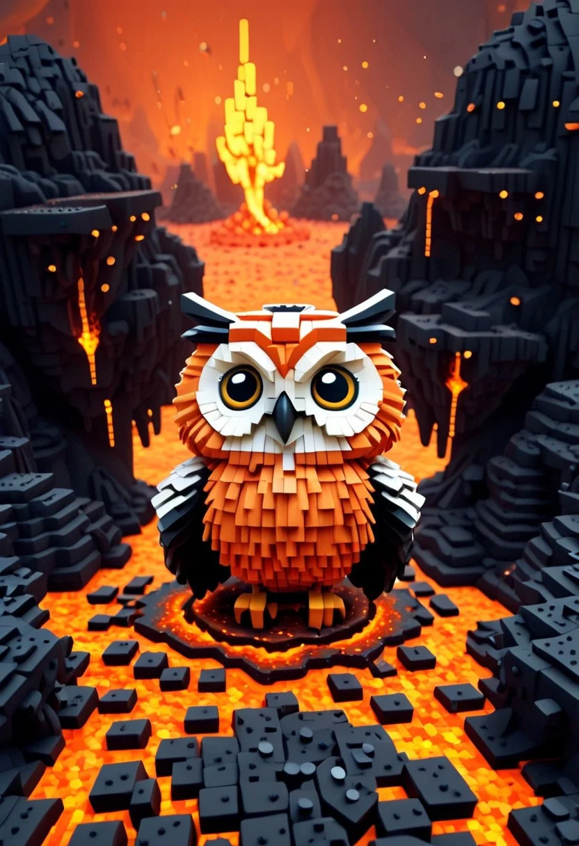 lazypos, flying bird owl in voxelized world, voxel explosion in background, funny theme, 4k, lava everywhere, cute, chibi, awww