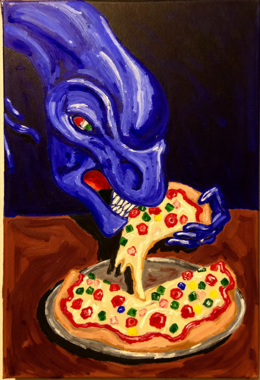<lora:Thrift_Store_Paintings_FLUX:1>
The image is a vibrant, expressive painting on canvas depicting a scene of a xenomorph eating pizza.