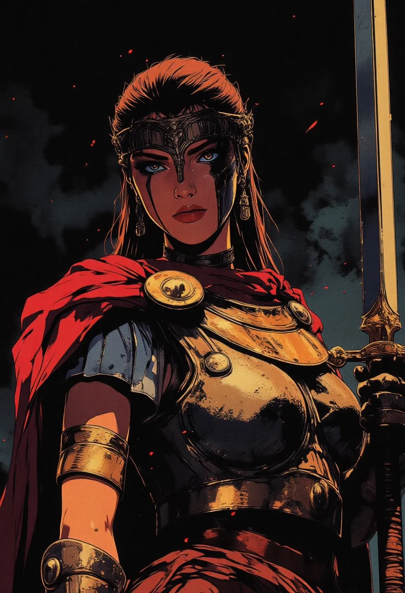 Female Roman soldier, war paint, face paint, eye black, glowing eyes, glancing at viewer, in profile, toned arms, braided hair, battle damaged armor, large breasts, breast plate, dark and moody background, adds a dramatic tone, subtle lighting reflections, ray traced, foreshortening, particle effect, Holding a sword,