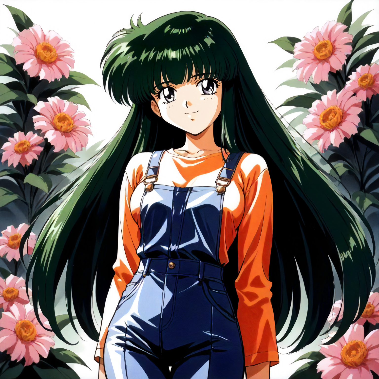 <lora:RC_masou_shizukaXLanimagine001:0.8>,
masterpiece,high score,great score,absurdres,
flower background,glitter,
smile,
looking at viewer,
solo,
anime coloring,retro artstyle,1990s (style),
masou_shizuka\(rance_series\),1girl,green hair,long hair,black grey eyes,
cowboy shot,standing,
overalls,