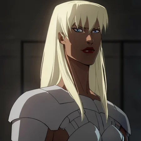 score_9, score_8_up, score_7_up, 1girl, solo, lipstick, blonde hair, long hair, blue eyes, breast, armor, pelvic curtain, Gilotina (dc), looking at viewer, indoors