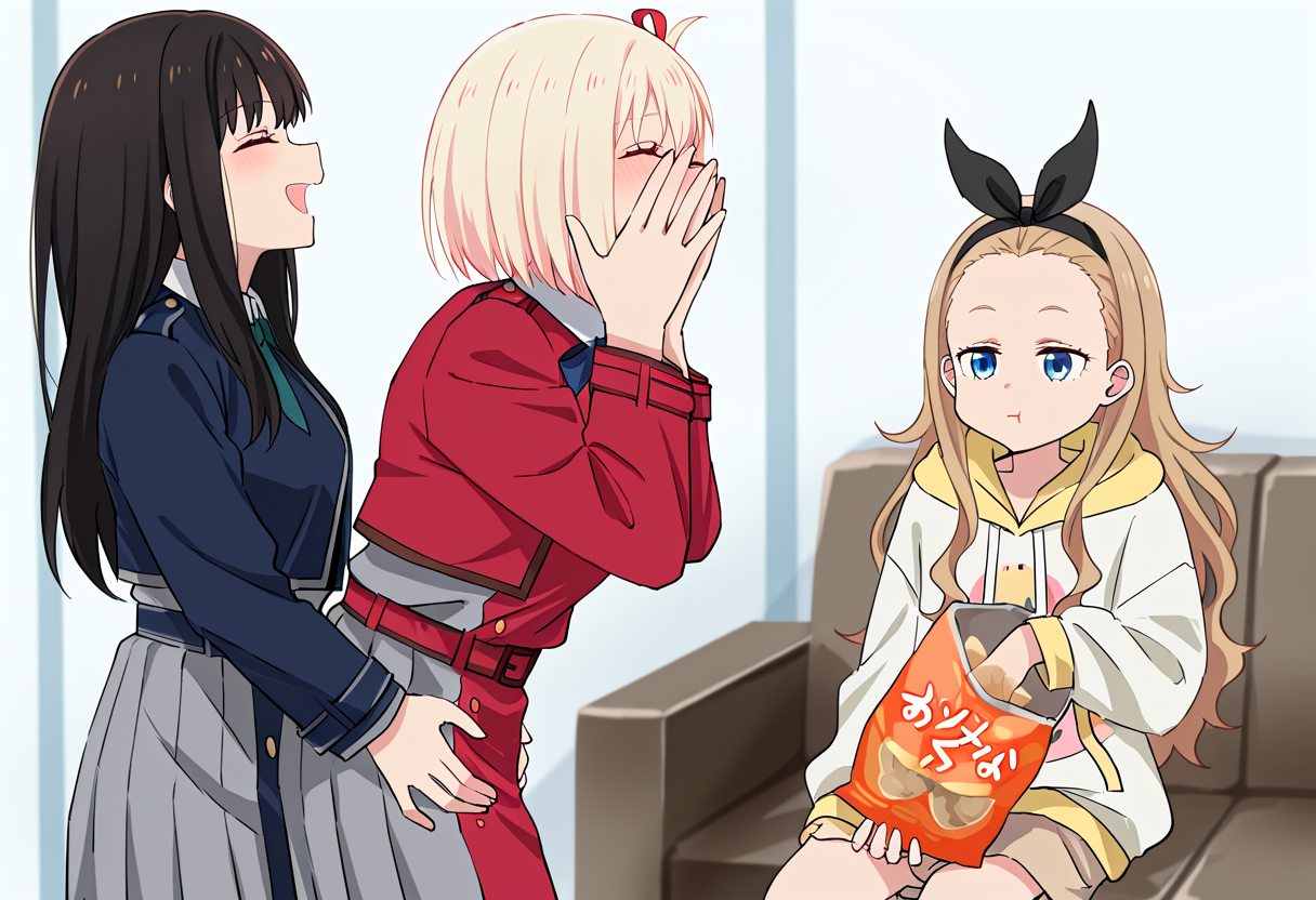 masterpiece, best quality, absurdres, potechi_aneki_(meme), 3girls, indoors,
BREAK
blush, smile, open mouth, closed eyes, inoue takina, nishikigi chisato, hands on another's hips, covering mouth, covering face, standing, 
BREAK
on couch, kurumi \(lycoris recoil\), sitting, chips (food), potato chips, eating, expressionless, 
<lora:potechi_aneki_meme:1>