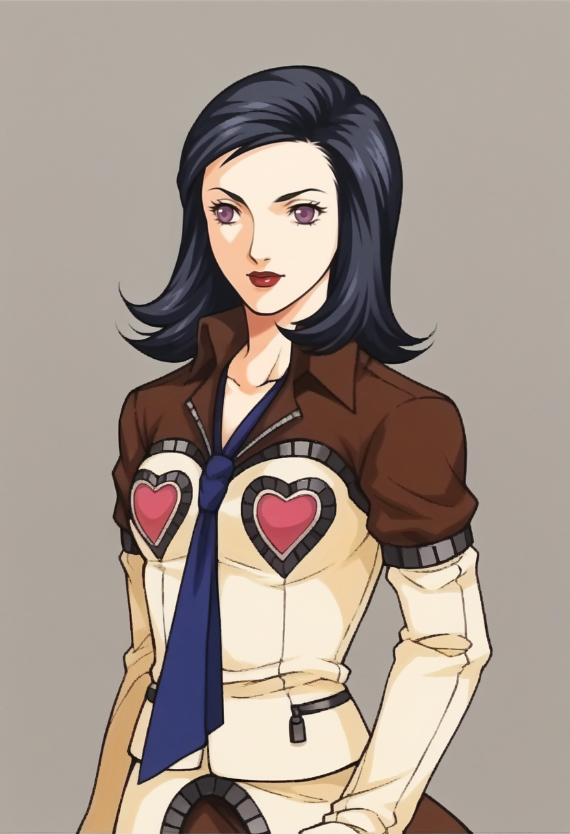 score_9, score_8_up, score_7_up, source_anime BREAK
<lora:zs_FE9PortraitsXL:1> fe9portraits, solo, cowboy shot, simple background, 1girl, female focus, 
 <lora:zs_MayaXL:1> mayap2, medium hair, black hair, purple eyes, lipstick, jacket, hearts, blue necktie, skirt, knee boots