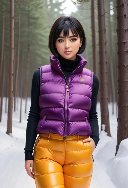 ((((puffer padded vest)))), ((((puffer padded vest)))), ((((full body)))), ((((fur boots)))), ((((puffer pants)))), winter, snow, forest, 1girl, solo, (masterpiece), detailed face, detailed eyes, (beautiful detailed eyes:1.5), sidelighting, (super detail, hyper detail, intricate_details, detailed), (semi realistic:1.6), (Bob cut), blunt bangs,(black hair), (purple eyes, eyelashs), smug smile, angry face, golden armlets, padded collar, Thick padded collar, <lora:Collar-SDXL:0.6>, <lora:cropped_puffer_vest_v2:0.4>, <lora:snowpants_v1:0.4>