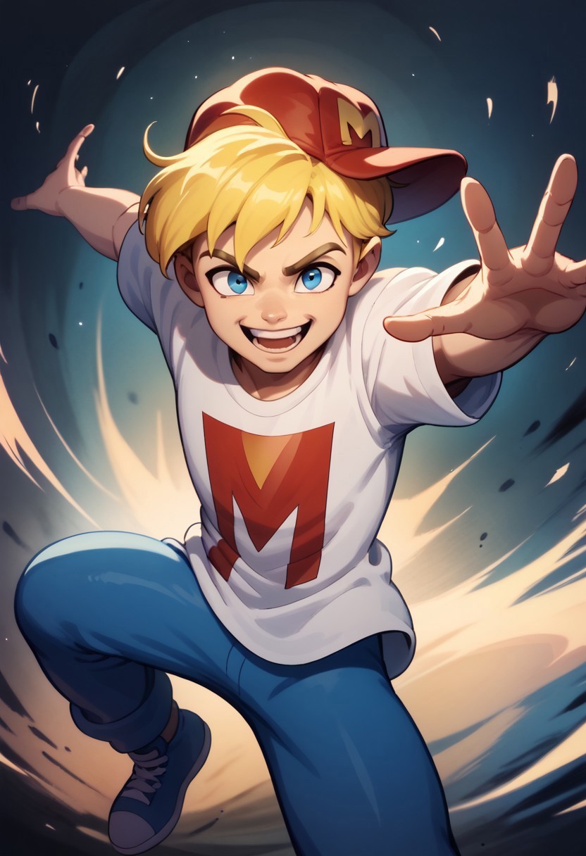 score_9_up, score_8_up, MightyMax, 1boy, solo, blonde hair, blue eyes, red hat, shirt, blue pants, dynamic pose, action shot, dynamic, action, looking at viewer, smile, open mouth,