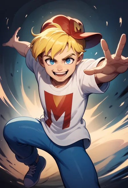 score_9_up, score_8_up, MightyMax, 1boy, solo, blonde hair, blue eyes, red hat, shirt, blue pants, dynamic pose, action shot, dynamic, action, looking at viewer, smile, open mouth,