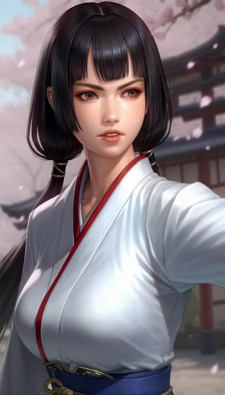 score_9,score_8_up,score_7_up,
<lora:NaotoraIi:0.9>,
naotora ii,
realistic,
1girl,solo,
black hair,blunt bangs,low twintails,
brown eyes,eyes looking to the side,frown,serious face,parted lips,
upper body,fighting stance,dynamic pose,
blurry background,bloom,lights particle,outdoors,cherry blossoms,japanese style wall,vignetting,len flare,
