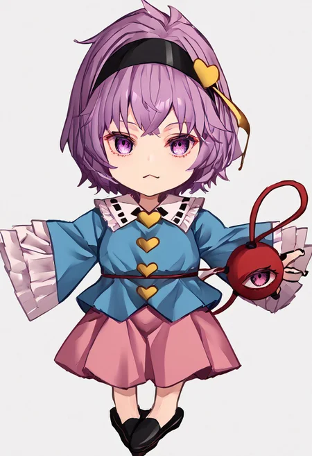 score_9, score_8_up, score_7_up, score_6_up, score_5_up, score_4_up, source_anime, 1girl,
ffviichibis, chibi, standing, full body, white background,
satori, third_eye, black_hairband, blue_shirt, long_sleeves, frilled_sleeves, wide_sleeves, frilled_shirt_collar, pink_skirt, eyeball, heart_button,
masterpiece, best quality, very aesthetic, absurdres,
