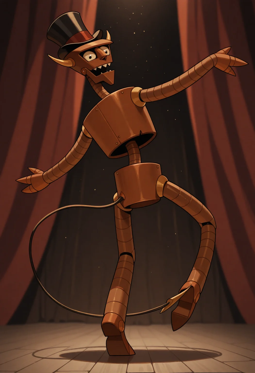masterpiece, best quality, amazing quality, 1boy, solo, b33lz3b0t, humanoid robot, hat, top hat, dancing, tail