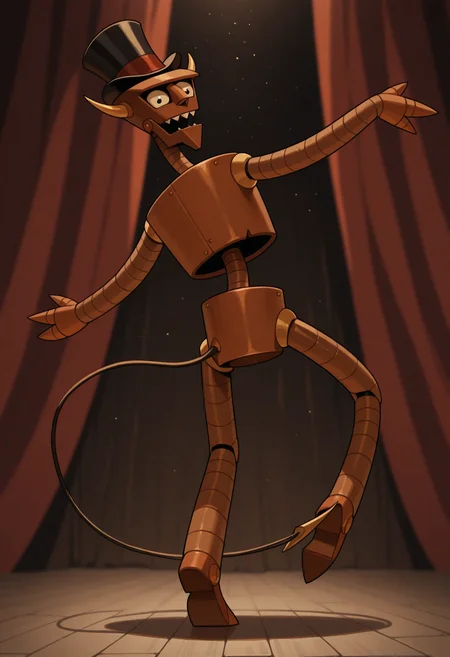 masterpiece, best quality, amazing quality, 1boy, solo, b33lz3b0t, humanoid robot, hat, top hat, dancing, tail