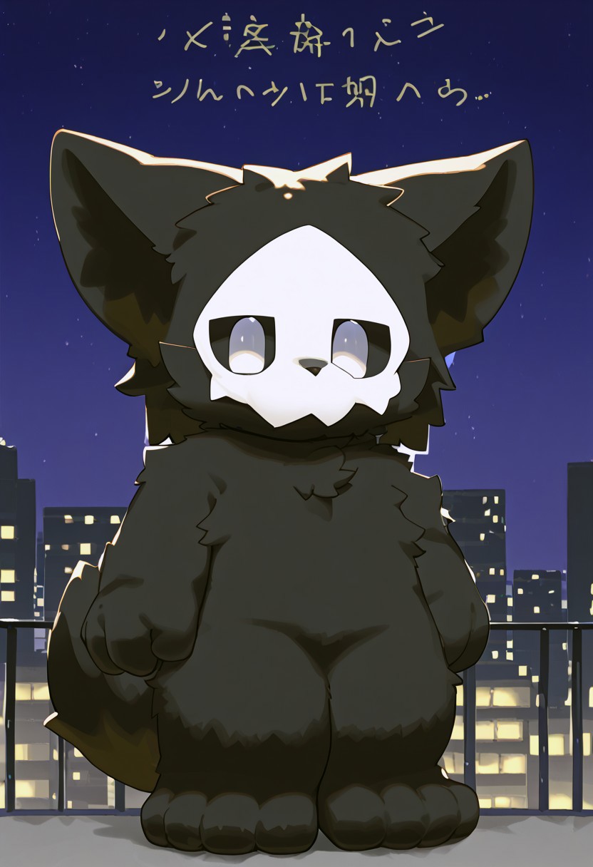 lv1rubili, zPDXL2, furry, anthro, cute, kemono, male focus, score_9, score_8_up, score_7_up, full body, digital art, highly detailed, looking at viewer, standing to viewer, full view, puro, black latex, furry, changed, white eyes, white mask, black fur, 1boy, solo, moody nighttime atmosphere, night city background