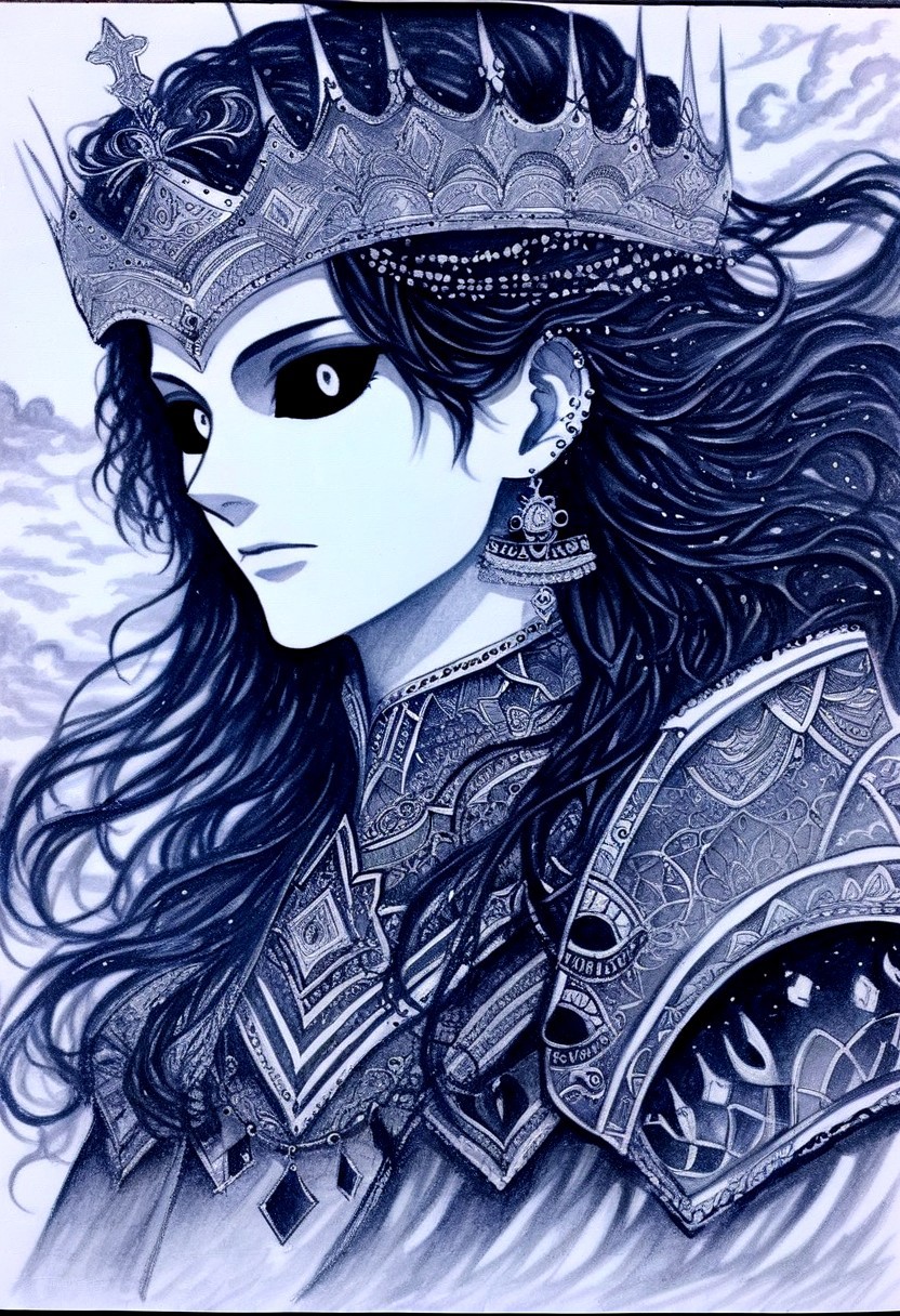 dark composition, maidrauh_1, dutch angle. A black and white pencil sketch of male face. The man head is adorned with a headdress, adorned with black beads and a crown. Her hair is long and wavy, adding a touch of texture to her face. Her eyes are a piercing red, while her lips are a lighter shade of white. Her mouth is slightly parted. Her earrings are encircled by a diamond shape. Her jacket is adorned in a pattern of black and silver, with the letters "S" on the jacket. The background is a mix of gray and white clouds, long hair, jewelry, earrings, black hair, smoke, cloud, armor, sky, glowing, from side, gem, headpiece, crown, closed mouth, upper body, shoulder armor, traditional media, monochrome, greyscale, portrait, facial hair, colored sclera, jewelry, black sclera, earrings, cloudy sky, floating hair