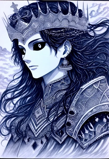 dark composition, maidrauh_1, dutch angle. A black and white pencil sketch of male face. The man head is adorned with a headdress, adorned with black beads and a crown. Her hair is long and wavy, adding a touch of texture to her face. Her eyes are a piercing red, while her lips are a lighter shade of white. Her mouth is slightly parted. Her earrings are encircled by a diamond shape. Her jacket is adorned in a pattern of black and silver, with the letters "S" on the jacket. The background is a mix of gray and white clouds, long hair, jewelry, earrings, black hair, smoke, cloud, armor, sky, glowing, from side, gem, headpiece, crown, closed mouth, upper body, shoulder armor, traditional media, monochrome, greyscale, portrait, facial hair, colored sclera, jewelry, black sclera, earrings, cloudy sky, floating hair