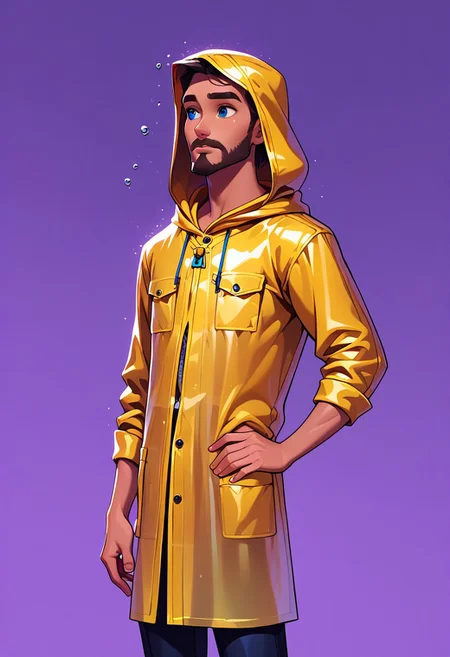 score_9, score_8_up, score_7_up, mgas, masterpiece, best quality, detailed eyes, detailed face, perfect eyes, high detailed, absurdres, highres, casual game art, mobile game art, merge 3 game art, character design, BREAK, 1boy, man, mature, solo, handsome, thoughtful, (muscular), blue eyes, dark brown short hair, beard and mustache, yellow hooded raincoat, ((hood on head, black laces from the hood:1.5)), black buttons on the raincoat, two pockets at the bottom of the raincoat, ((water drops on the raincoat:1.5)), BREAK ((right hand up to forehead:1.2)), (left hand on hip:1.5), standing, cowboy shot, BREAK looking into the distance, simple background, purple background, rain