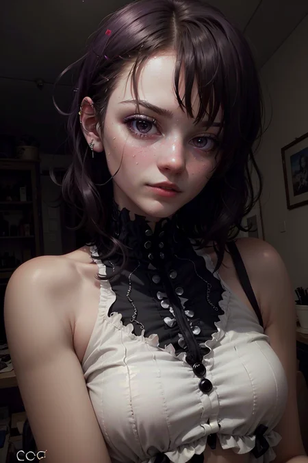 highres, masterpiece, perfect lighting, bloom, cinematic lighting, adult, female, looking at viewer, portrait, (RSEEmma:1.5)<lora:RSERomantic_RSESofiko_RSEEmma-v1:0.3>, goth girl, goth makeup, pale skin, bangs, short hair, jet black hair, purple eyes, scowl, <lora:Zinnia:0.8> <lora:weight_slider_v2:-0.5>