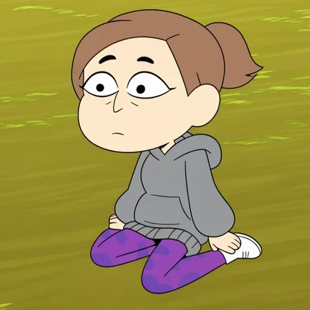 black eyebrows, white shoes, full body, Score_9, 1 girl, white skin, Solo, sitting on the floor, Light brown hair, in a forest, purple leggings with darker spots, , gray hoodie, Marie_Cotc, large black eyes