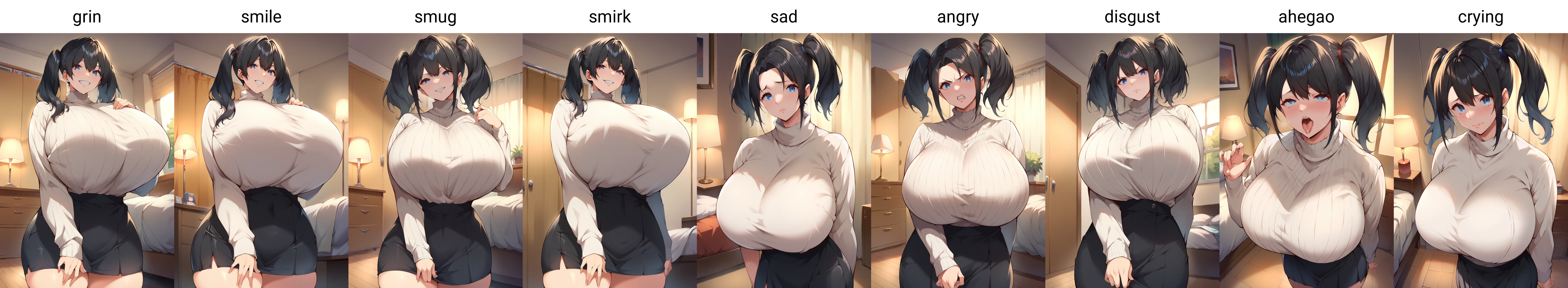 score_9, score_8_up, score_7_up, source_anime, 1girl,blue eyes,twintails, black hair,  turtleneck sweater, white sweater,  black skirt, grin,looking at viewer, from front, bedroom, standing, huge breasts   <lora:Kloah-Style-PonyXL-Dora-v1.2-000055:1>