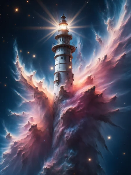 space-station that looks like a lighthouse on a mad-nbla cloud <lora:Space_Nebula_Style_SDXL:0.7>, (masterpiece:1.2), best quality, (hyperdetailed, highest detailed:1.2), high resolution textures