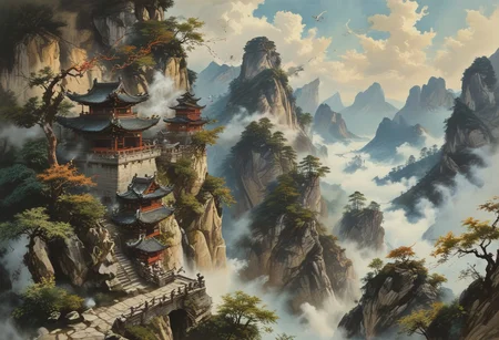 ultra fine detail, highly detailed and intricate details, cinematic, high definition, Tianzi Mountains, Chinese mountains, blue skies, forest, river, birds flying, sun behind mountain, shadow cast, The mountains are tall, there are few trees on the mountain, there are stone stairs leading up the mountains, the mountains pierce the sky, the clouds are swirling around the frog shaped mountains, the clouds are breaking apart allowing light to pass through them, there is an old monk on the stair case, the old monk is smoking from a pipe and watching the dragons, there are red wooden guard railings along the stair case up the mountain, dragons flying between the mountains, dragons of mountain peaks, advntr, (ink-style, ink_wash_painting),