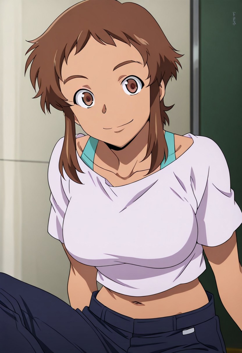 1girl, solo, brown hair, brown eyes, brown eyebrows, looking at viewer, short hair, short hair with long locks, sidelocks, midriff, smile, short hair, light brown skinned body, light skinned female, light brwon skin, anime coloring, blue pants, pants, shirt, white shirt, perfect eyes, perfect eyebrows, navel, midriff, big breasts,