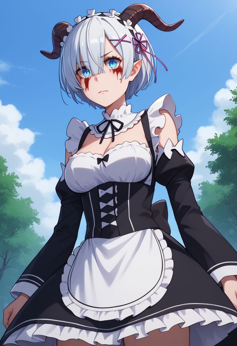 score_9, score_8_up, score_7_up, BREAK  <lora:Miavt-10:1> MiavtSDXL,  1girl, solo,  short hair, blue eyes, hair between eyes, medium breasts, ponytail,  white hair, black horns, pointy ears, goat horns, double pigtail, BREAK close up BREAK dressed like Rem, outdoors, park, from below, stern, roswaal mansion maid uniform, blood on face, cleavage, ribbon, maid, upper body, ((white hair))