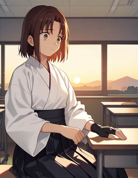 score_9, score_8_up, score_7_up, source_anime
<lora:ayako-ponyxl-000035:1> mitsuzuri, kimono, white kimono, hakama skirt, black skirt, single glove, partially fingerless gloves, muneate,
1girl, sitting, classroom, sunset, worried