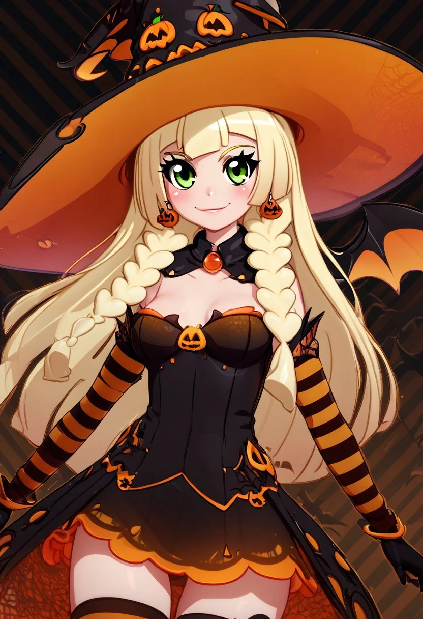 score_9, score_8_up, score_8, (big breasts), (curvy), cute, eyelashes,
BREAK,
,,,
zzlillie, long hair, braid,
,,,
gloves, hat, jewelry, earrings, black gloves, elbow gloves, striped, witch hat, , halloween, jack-o'-lantern, striped gloves,
BREAK,
blush, smile, looking at viewer, cowboy shot,
zPDXL, Expressiveh,