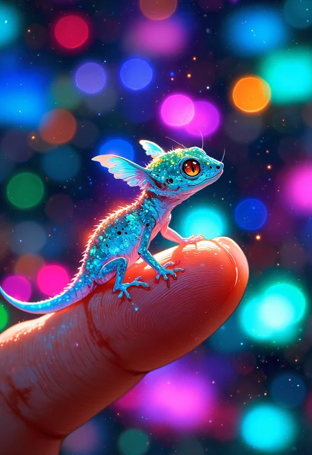 A tiny alien gecko with translucent, crystalline skin that refracts light into dazzling rainbow colors. It has six delicate limbs, two of which are curled in a cute resting position. Its tail has a jelly-like glow, shifting in hues of cyan and fuchsia. It clings lightly to the personâs fingertip, looking up with bright, intelligent eyes. The background is a blurred futuristic cityscape, filled with neon holograms and colorful bokeh lights.