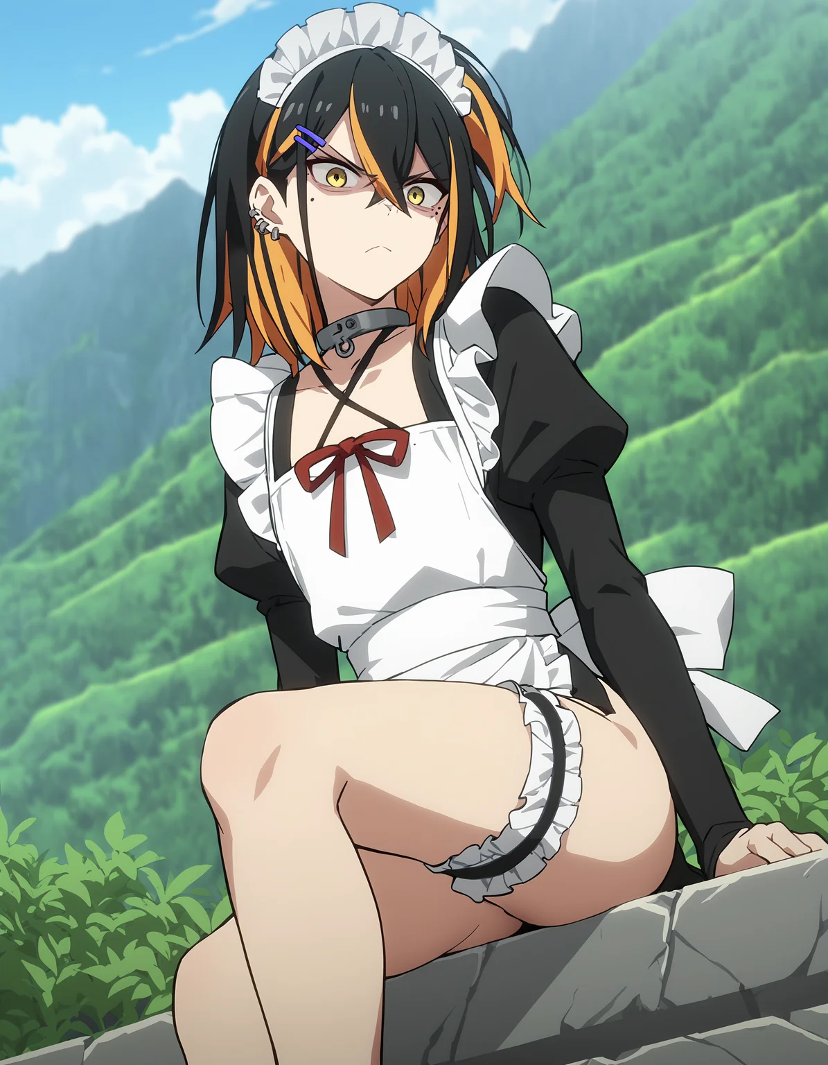 score_9,score_8_up,score_7_up,maid,maid headdress,shaded face,disgust,thighs,
<lora:naina_pony:0.6>,naina,1girl,solo,black hair,multicolored hair,hairclip,hair ornament,yellow eyes,blonde hair,mole under eye,mole,ear piercing,collarbone,medium hair,hair between eyes,piercing,bangs,orange hair,streaked hair,two-tone hair,jewelry,anime screencap,<lora:Anime_Screencap:1>,flat chest,light_blush,landscape,cinematic_angle,curtsy,leg_garter,ribbon,