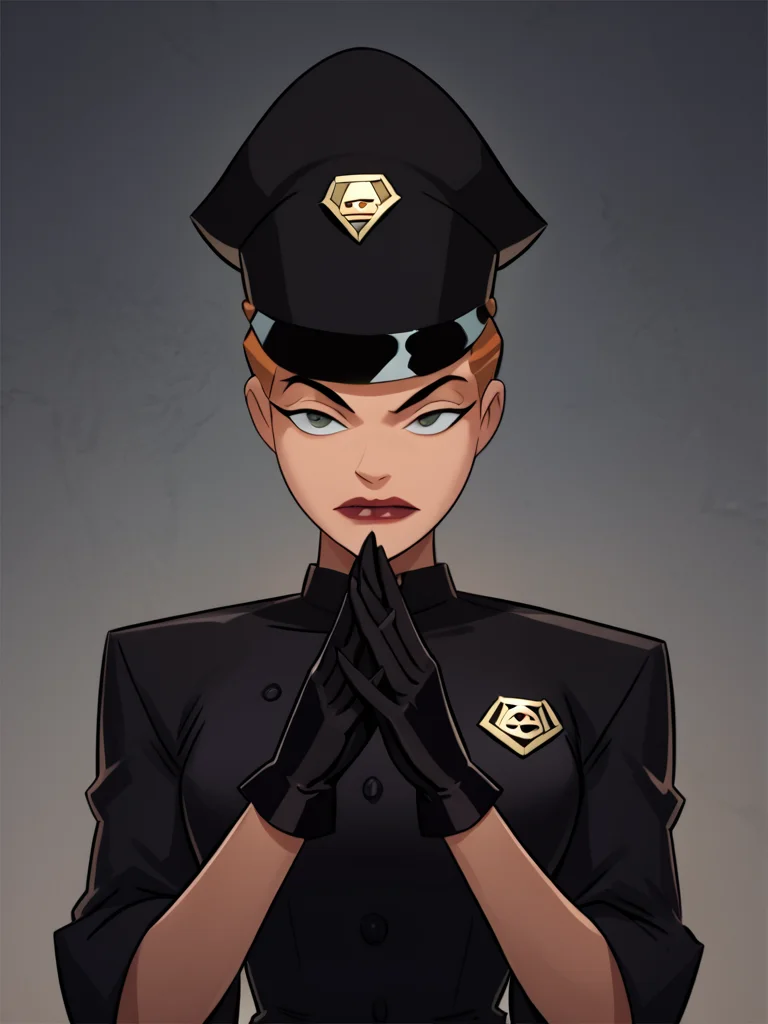 score_7_up, score_8_up, score_9, masterpiece, perfect face, perfect hands, high quality, source_anime, (1girl, solo,) <lora:Mercy_Graves_-_Justice_League_DC:1> mercygraves, brown hair, short hair, hat, black uniform, black gloves,