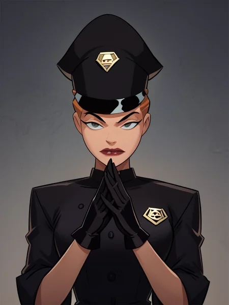 score_7_up, score_8_up, score_9, masterpiece, perfect face, perfect hands, high quality, source_anime, (1girl, solo,) <lora:Mercy_Graves_-_Justice_League_DC:1> mercygraves, brown hair, short hair, hat, black uniform, black gloves,