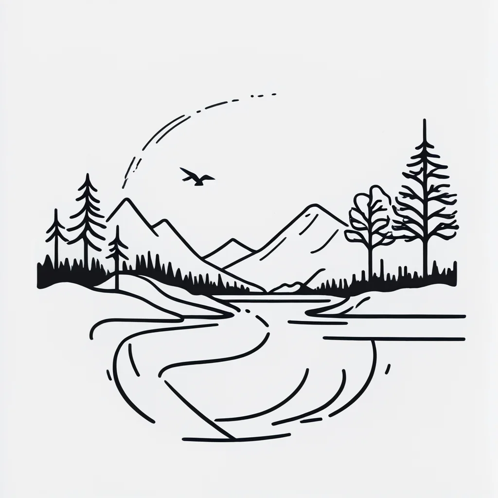 <lora:Simplest_line_artPony:1>. ARSMJSTYLE, simplest line art, art landscape, A black and white illustration of a red balloon floating in the air., no humans, mountain, bird, tree, mount fuji, border, nature, monochrome, white background, lake, outdoors, forest, scenery, simple background, reflection, water