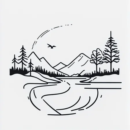 <lora:Simplest_line_artPony:1>. ARSMJSTYLE, simplest line art, art landscape, A black and white illustration of a red balloon floating in the air., no humans, mountain, bird, tree, mount fuji, border, nature, monochrome, white background, lake, outdoors, forest, scenery, simple background, reflection, water