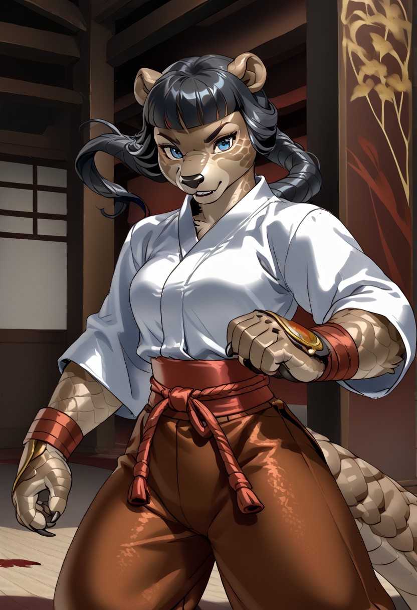 score_9, score_8_up, score_7_up, (by jailbird:1.5), (by kittydee:1.5), (by zummeng:1.5), masterpiece, best quality, (solo),  
(Furry Art: anthro: pangolin:1.5), 1girl, expressive eyes, feminine eyes, <lora:beautiful_detailed_eyes:1>, perfect face, exotic mammal, plate-like scales, claws, long snout, small animal ears, brown skin, blue eyes, (black hair:1.5), (straight hair), (twintail hair), medium breasts, (kung-fu topwear:1.5), (kung-fu pants:1.5),