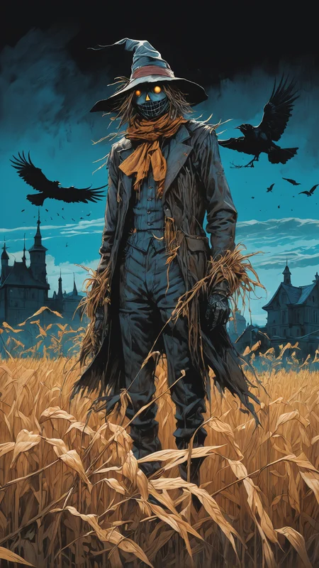 highly detailed linework reminiscent of Carne Griffiths, (scarecrow:1.7), (crows:1.4), imbued with Wadim Kashim's bold color and texture, light and airy as Carl Larsson's compositions, dark background, dark, evil, castle, fire, featuring Pascal Blanche-style hyper realistic characters, pastel, elegance, dramatic lighting, expressive camera angle, matte, concept art, corn field