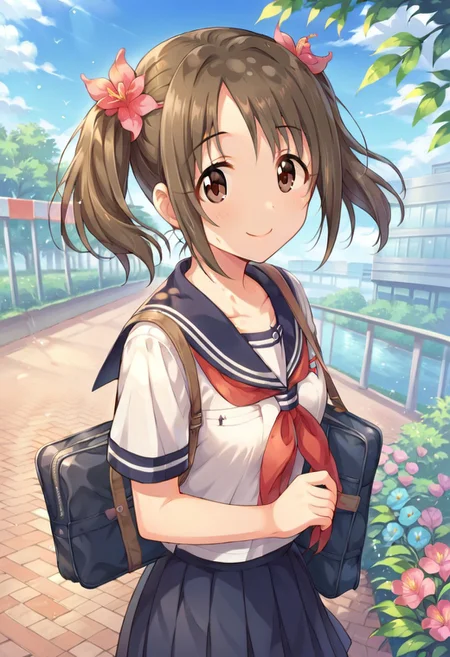 score_9, score_8_up, score_7_up, source_anime, imai kana, twintails, brown hair, brown eyes, 1girl, school uniform, solo, serafuku, flower, smile, bag, school bag, day, outdoors