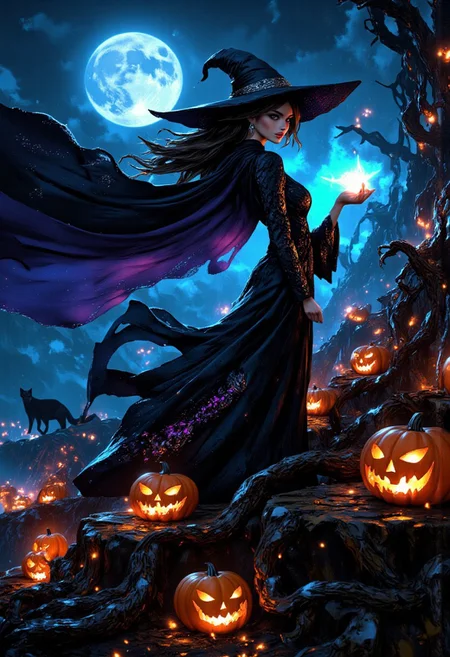 Afantasy painting, sorcery, witchcraft, A beautiful kind witch, enjoying Halloween night as a happy celebration.
