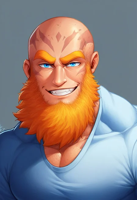 score_9, score_8_up, score_7_up, score_6_up, score_5_up, score_4_up, rating_questionable <lora:gomtang_style_1:1, <lora:add-detail-xl:1.5>, Very Long Epic Beard, Yellow Facial Hair, Half Body, Closeup, Bust portrait, In The School/School Background, School Gym, School Scenery, 1boy, Strong Triangular Jawline, bodybuilding, massive pectoral, beefy muscle, Rugged Features, Mature Male, 40-Year Old, Short Bright Blonde Messy Hair, Hair Bangs, Goliath, Thick Yellow eyebrows, PE Teacher Shirt Outfit, {(Yellow Facial Hair)}, {{Completely Bald}}, {{Blue Body Tattoo}}, Looking At Viewer, Blue Eyes, Brawl Stars Style, Saying Hi, Smile, Highlights, {No Mustache}, <lora:Cruz'sBeardedMan:0.7>