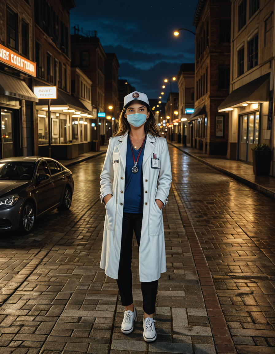 cowboy shot, looking at viewer,female_focus, medium close-up,,A woman wearing a White coat, stethoscope, trousers, mask, cap, badge, medical shoes ,stands confidently in a bustling city street at dusk. The streetlights cast a warm glow on the pavement, and neon signs flicker in the background. The personâs white gloves contrast sharply against the dark outfit, adding a touch of elegance. A light evening mist rises from the ground, creating a cinematic atmosphere. Pedestrians pass by, some glancing curiously at the well-dressed figure. The cityscape features modern and old architecture, blending tradition with contemporary urban life.
<lora:SDXLFaeTastic2400:0.4> <lora:extremely_detailed:0.4> extremely detailed, Masterpiece,best quality,hi res,8k,hi res,8k,award winning,(sharp focus, intricate, highly detailed),