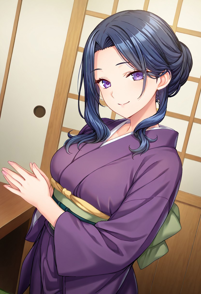 FujiMari, dark blue hair, long wavy hair, purple eyes, smile, standing, purple kimono, green obi, half updo, japanese inn,
BREAK
(absurdres, best quality, masterpiece:1.4), amazing quality, highres, newest, detailed, detailed body, detailed face,  beautiful, looking at viewer, 1girl, solo,