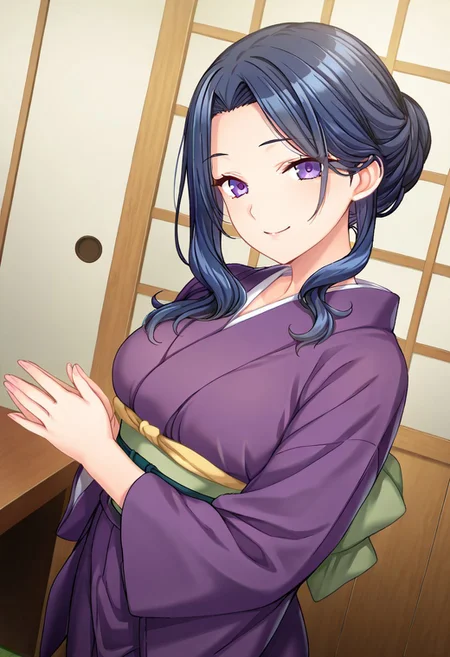 FujiMari, dark blue hair, long wavy hair, purple eyes, smile, standing, purple kimono, green obi, half updo, japanese inn,
BREAK
(absurdres, best quality, masterpiece:1.4), amazing quality, highres, newest, detailed, detailed body, detailed face, beautiful, looking at viewer, 1girl, solo,