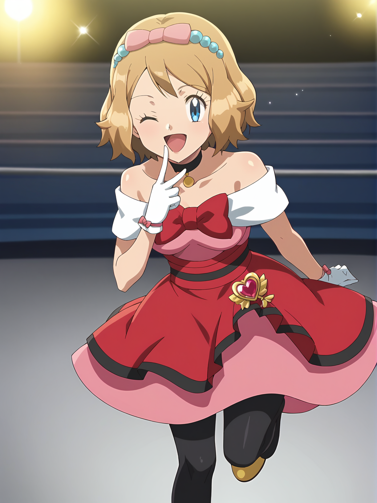 score_9, score_8_up, score_7_up, source anime, anime, animification, anime screencap, anime coloring, vivid colors, shiny skin, skindentation, deep skin, depth of field, high quality, highres, (dynamic angle,dynamic pose),
serenaperf, 1girl, solo, smile, short hair, open mouth, blue eyes, blonde hair, gloves, dress, bow, standing, collarbone, cowboy shot, :d, pantyhose, hairband, choker, tongue, indoors, white gloves, hand up, black pantyhose, eyelashes, sparkle, black choker, light brown hair, pink dress, finger to mouth, serena \(pokemon\), stage, stage lights, leaning forward, one eye closed, indoors, glowing lights, bright stage lights, music, stadium ranks, huge audience, pink bow, standing on one leg
BREAK
masterpiece,high quality
<lora:Serena_Perfomance_Outfit-09:0.9>