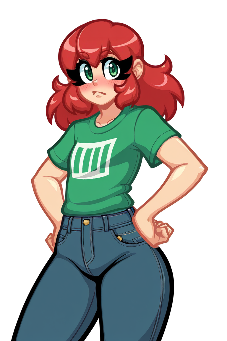 <lora:Rock-Candy:1>, score_9, score_8_up, score_7_up, score_6_up, score_5_up, rating_questionable, source cartoon
1girl, pretty face, pretty eyes, detailed eyes, HD eyes, thick thighs
hands on hips, standing, cowboy shot
looking at viewer, blush, eyebrows, long hair, red hair, green eyes jeans, green t-shirt, boots, high waisted jeans
simple background, white background