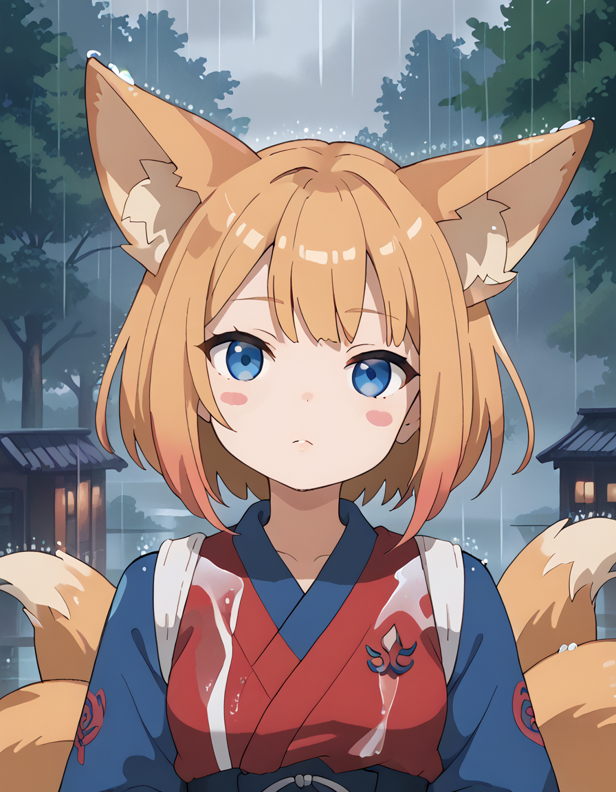 score_9, score_8_up,score_7_up,score_6_up,score_5_up,score_4_up, 1girl, multiple tails, bob cut, blue eyes, rain, looking at viewer, head tilt, fox girl, fox ears, blush stickers, 
 <lora:KNK_FlatWorld_style_pony6_v1:1.8>