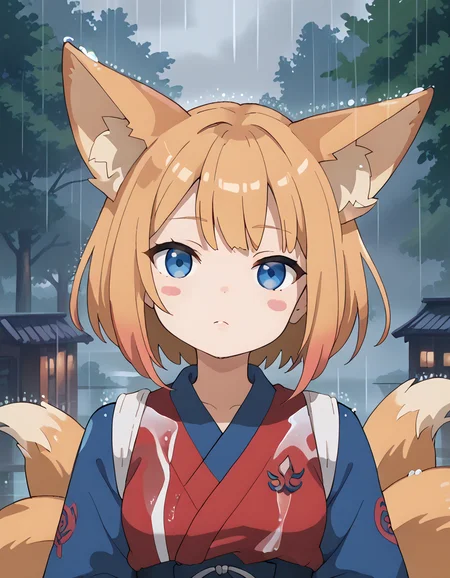 score_9, score_8_up,score_7_up,score_6_up,score_5_up,score_4_up, 1girl, multiple tails, bob cut, blue eyes, rain, looking at viewer, head tilt, fox girl, fox ears, blush stickers, 
 <lora:KNK_FlatWorld_style_pony6_v1:1.8>