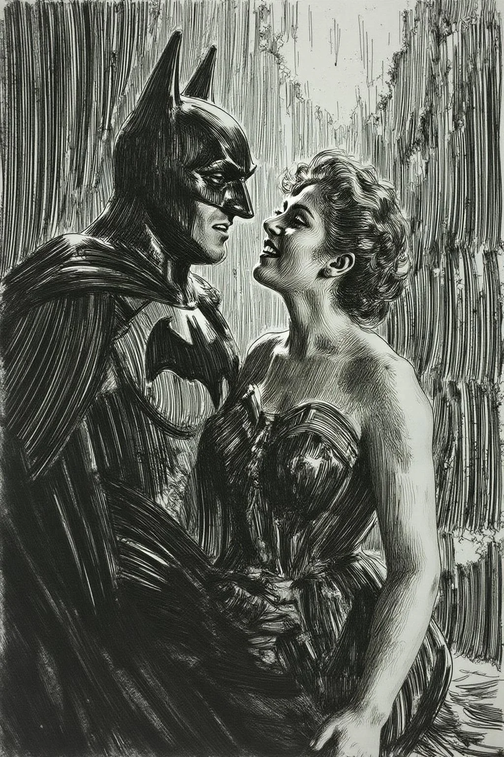anzo1 black and white etching.
Batman and Wonder Woman kissing in the rain <lora:anzo1_nocap_d6a3:1.0><lora:815144652299705295:0>